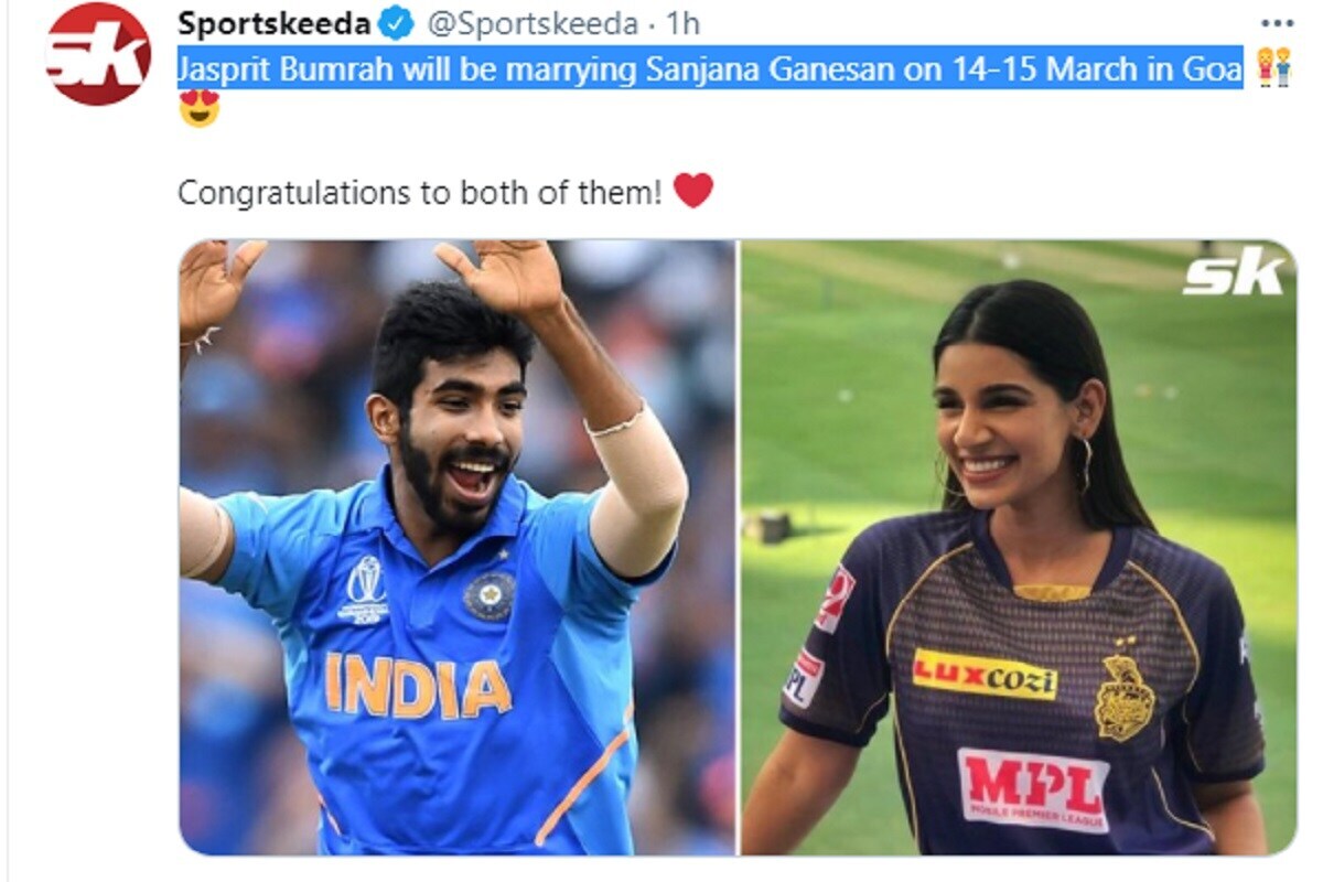 स्पोर्ट्स कीडाने दिलेल्या वृत्तानुसार स्पोर्ट्स एँकर संजना गणेशनसोबत बुमराहचं 14 आणि 15 मार्चला लग्न होईल. संजनाने आयपीएल आणि 2019 वर्ल्ड कपमध्ये एँकरिंग केलं आहे. (Photo- Sportskeeda Twitter) स्पोर्ट्स कीडाने दिलेल्या वृत्तानुसार स्पोर्ट्स एँकर संजना गणेशनसोबत बुमराहचं 14 आणि 15 मार्चला लग्न होईल. संजनाने आयपीएल आणि 2019 वर्ल्ड कपमध्ये एँकरिंग केलं आहे. (Photo- Sportskeeda Twitter)