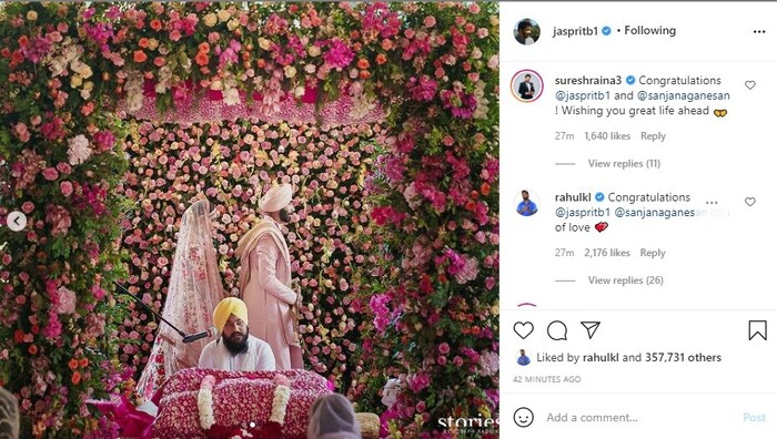 बुमराहने आपल्या लग्नाचा फोटो पोस्ट करताच, या नवीन जोडप्यावर सोशल मीडियावरून चाहत्यांकडून शुभेच्छांचा वर्षाव होऊ लागला. त्याचबरोबर बुमाराहनं असं देखील लिहिलं होतं की, आजपासून माझा आयुष्यातील एका नवीन प्रवासाला सुरुवात झाली आहे. हा माझा आयुष्यातील सर्वात आनंदी दिवसांतील एक दिवस आहे.
