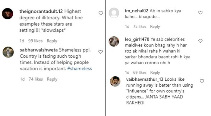 “हे बॉलिवूडवाले खूप निर्लज्ज आहेत. इतरांना सांगतात घरात बसा अन् स्वत: मात्र देशाबाहेर जाऊन मजा मारतात.” “या पळपुट्या कलाकारांच्या चित्रपटांवर बंदी घाला” अशा आशयाच्या कॉमेंट करुन काही नेटकऱ्यांनी आपला राग व्यक्त केला आहे.