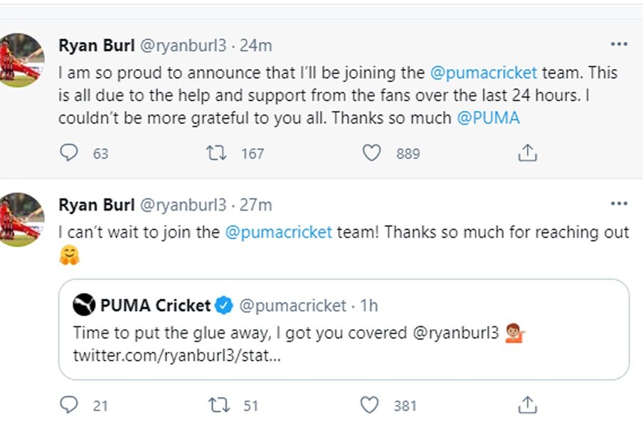 रेयान बर्ल यानेही प्युमा क्रिकेटचे आभार मानले. कोरोना व्हायरसमुळे क्रिकेट सीरिजचं आयोजन होत नाही, त्यामुळे झिम्बाब्वे सारख्या छोट्या देशाच्या खेळाडूंपुढे आर्थिक अडचणी निर्माण झाल्या आहेत. 