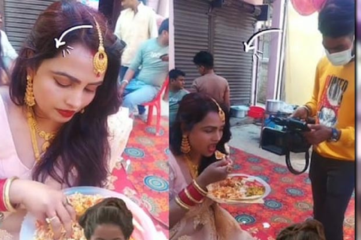 कॅमेरा पाहताच महिला हाताऐवजी चमच्याने खाऊ लागली; पाहा हा थक्क करणारा Video