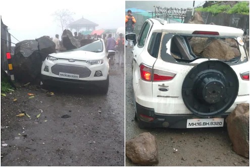 माळशेज घाटात दरड कोसळून गाडीचा चुराडा; चहा प्यायला उतरल्यानं दोन जीवलग थोडक्यात बचावले