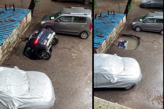 सोसायटीत अचानक खड्डा पडला आणि कार बुडाली, BMC ने सांगितले खरे कारण... VIDEO