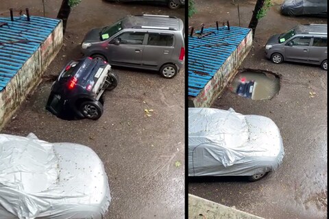 Viral Video: घाटकोपरमध्ये (ghatkopar) एका सोसायटीमध्ये पार्किंगमध्ये अचानक खड्डा पडला आणि कार पाण्यात बुडाली होती.