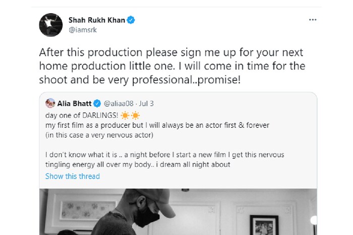 “या प्रॉडक्शन नंतर कृपया मला तुमच्या होम प्रॉडक्शनच्या पुढील प्रोजेक्टसाठी संधी द्या. मी शूटसाठी वेळेवर येईन आणि व्यावसायिक वागणूक ठेवेन” अशा आशयाचं ट्विट करुन शाहरुखनं आलियाकडे काम मागितलं आहे.