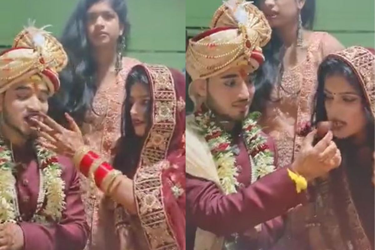 नवरी-नवरदेव जोमात अन् वऱ्हाडी कोमात; मंडपातच नवविवाहित कपलचा रोमँटिक मूड, पाहा VIDEO