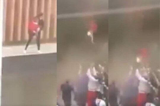 आगीच्या भीतीनं आईनं इमारतीवरुन खाली फेकलं बाळ अन्...; काळजाचा ठोका चुकवणारा VIDEO