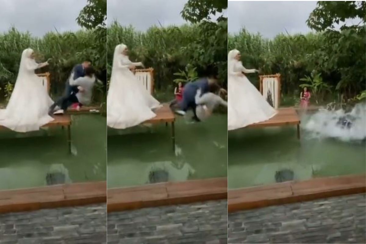 Photo-shoot करतानाच नवरीनं धक्का देत नवरदेवाला पाण्यात ढकललं अन्...; पाहा VIDEO