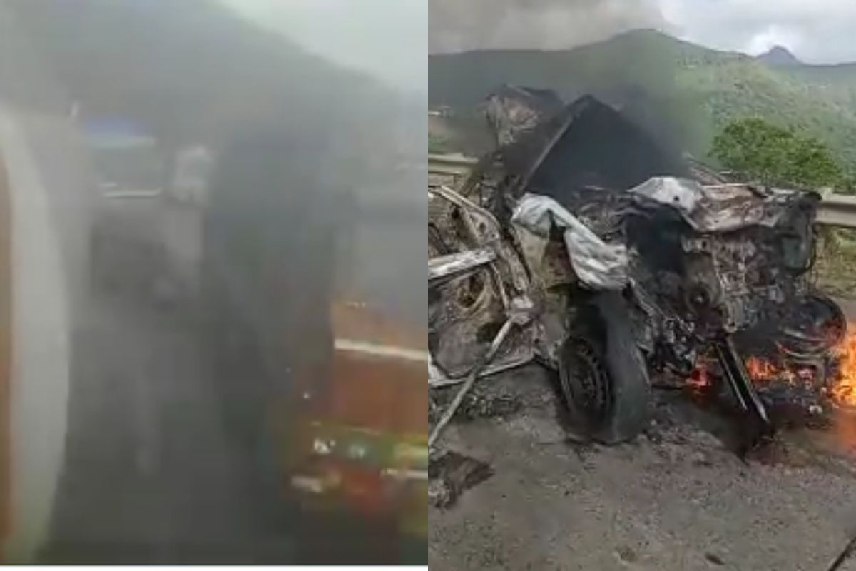 मुंबई-पुणे एक्सप्रेसवरील कार-कंटेनरच्या भीषण अपघाताचा Live Video; आई-वडील व मुलाचा जागेवरच मृत्यू