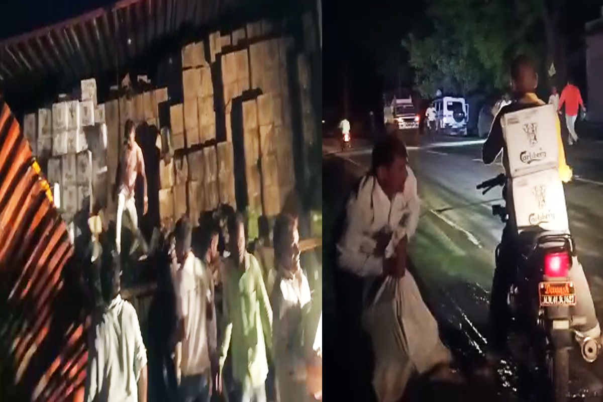 मौसम मस्ताना अन् बिअरचा ट्रक उलटला असताना, गावकऱ्यांकडून पोतीच्या पोती भरून बाटल्या गायब, LIVE VIDEO