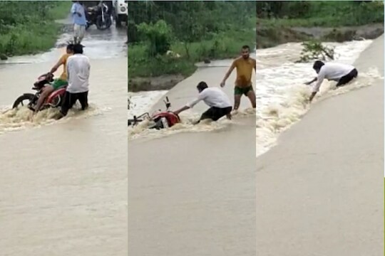 असा धोका पत्करू नका! पुराच्या पाण्यात वाहून जात असतानाही तरुण दुचाकी सोडेना, धक्कादायक VIDEO