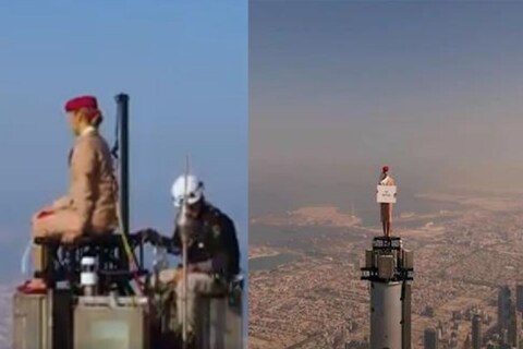 बुर्ज खलिफाच्या उंच टोकावर उभ्या असलेल्या अशाच एका तरुणीचा (Woman on Burj khalifa top) व्हिडीओ व्हायरल झाला होता. आता अमीरात एअरलाइन्सनं हा व्हिडिओ बनवतानाची प्रक्रिया दाखवणारा आणखी एक व्हिडिओ शेअर केला आहे. 
