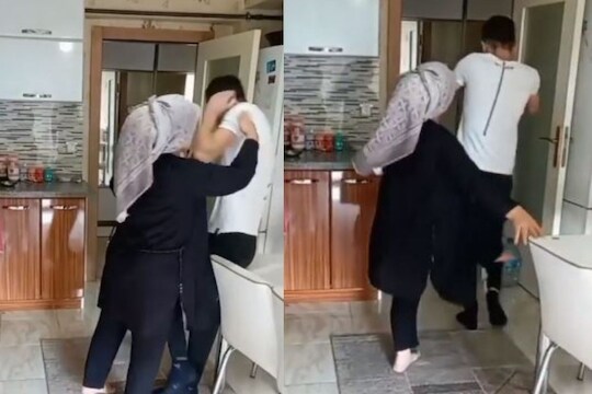 VIDEO : वडिलांनी केलेली ती मस्ती मुलाला पडली महागात; आईनं लाथ घालत किचनमधून काढलं बाहेर अन्..