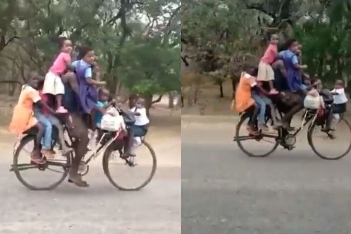 VIDEO : बापरे! सायकलवर एकसोबतच 9 मुलांना घेऊन जात होता व्यक्ती; अजब जुगाड पाहून सगळेच हैराण