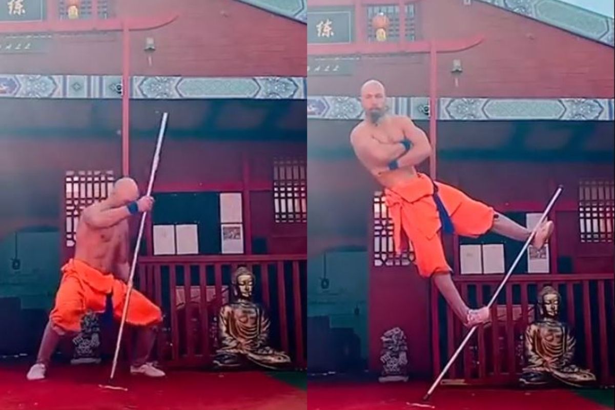 OMG! या व्यक्तीनं हवेत एका लहान काठीवर केला जबरदस्त स्टंट; VIDEO पाहून व्हाल चकीत