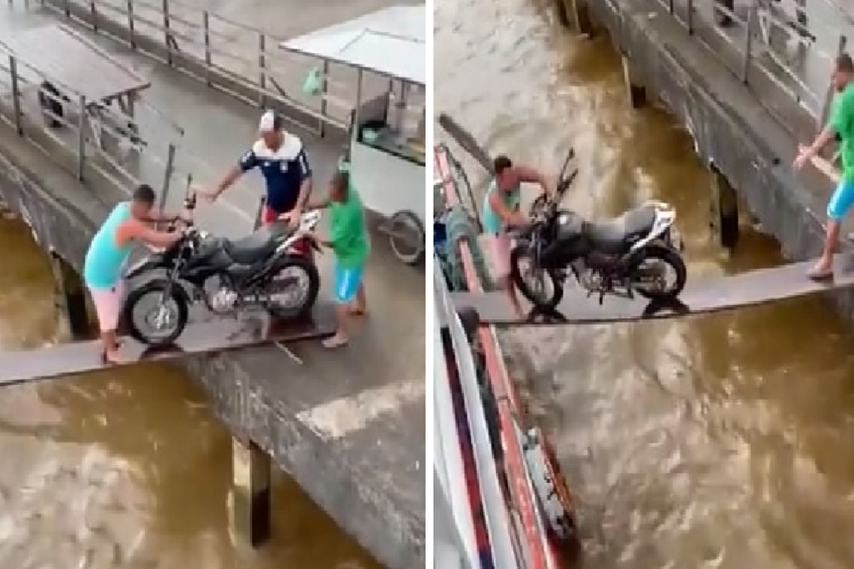 अरुंद लाकडी पट्ट्यावरुन बोटीवर बाईक चढवण्याचा प्रयत्न, पुढे तरुणासोबत असं काही झालं की....पाहा VIDEO