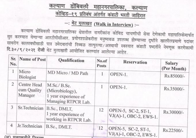 Kalyan Dombivli Municipal Corporation Recruitment 2021