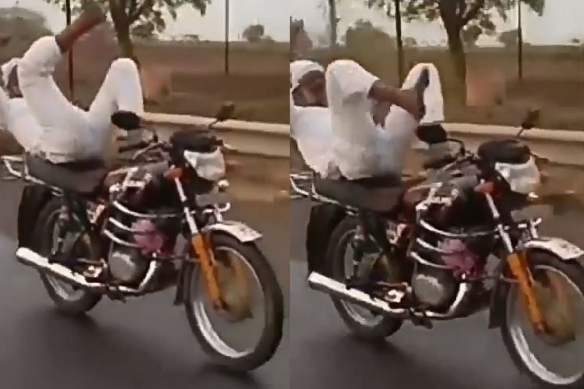 चालत्या बाईकवर आरामात झोपला दुचाकीस्वार अन्...; स्टंटचा हा Video पाहून व्हाल हैराण