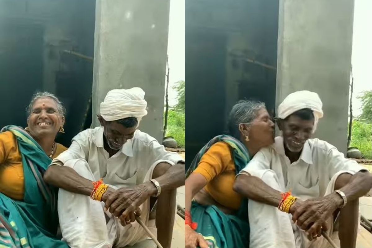 शेजारी बसलेल्या आजीनं अचानक केलं आजोबांना KISS; VIDEO मध्ये पाहा आजोबांची प्रतिक्रिया