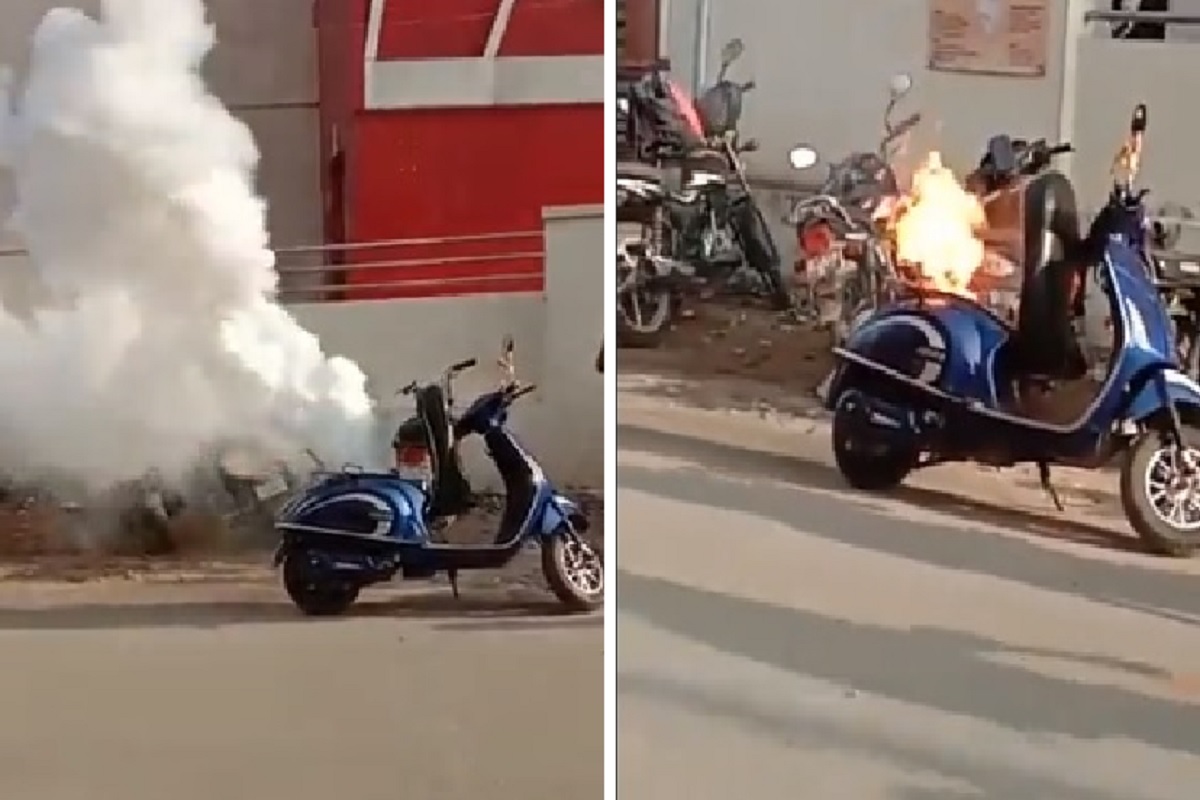 आधी येऊ लागला धूर, अन् बघताच क्षणी Electric Scooter ने घेतला पेट, सोशल मीडियावर Video Viral