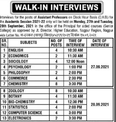 Hislop College Nagpur Recruitment 2021