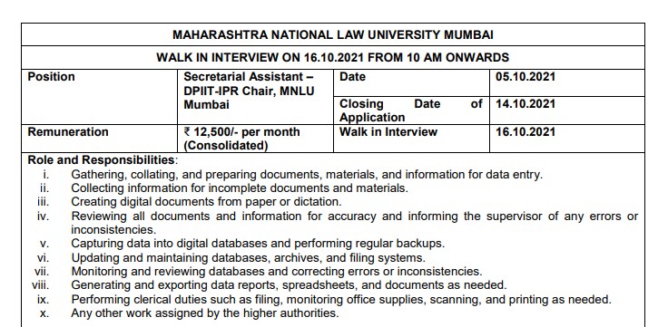 Maharashtra National Law University Mumbai Recruitment 2021
