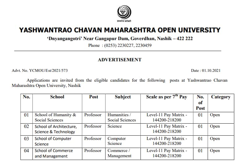 YCMOU Nashik Recruitment 2021