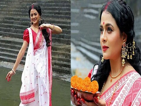 मराठमोळी अभिनेत्री भार्गवी चिरमुले (Bhargavi Chiramule) हिने खास फोटोशूट केलं आहे. यात तिने पांढऱ्या रंगांची, लाल किनार असलेली बंगाली पद्धतीची साडी परिधान केली आहे.