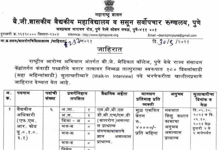 Sassoon Govt. Hospital Pune Recruitment 2021