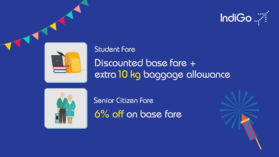 विद्यार्थी आणि ज्येष्ठ नागरिकांसाठी ऑफर: IndiGo विद्यार्थ्यांना मूळ भाड्यावर सवलतीसह अतिरिक्त 10 किलो सामान भत्ता देत आहे. तसेच ज्येष्ठ नागरिकांच्या बाबतीत, एअरलाइन्स मूळ भाड्यात 6 टक्के सूट मिळणार आहे