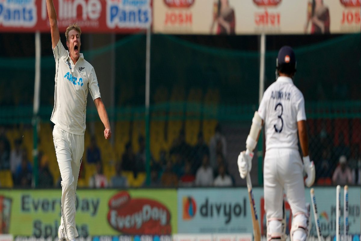 टीम इंडियाचा कॅप्टन अजिंक्य रहाणे मोठी खेळी करण्यात अपयशी ठरला (फोटो - @BLACKCAPS)