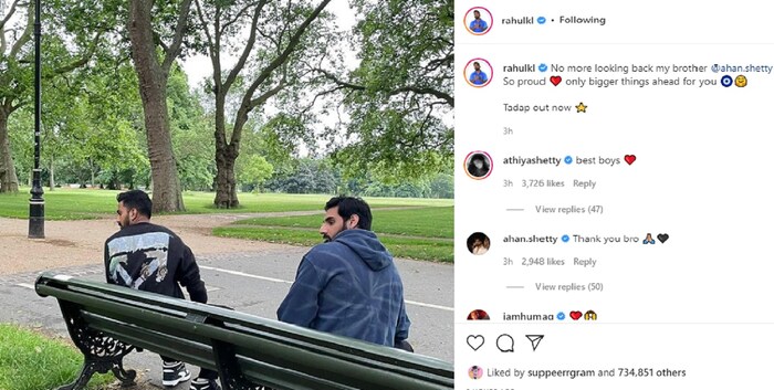 या फोटोमध्ये केएल राहुल आणि अहान शेट्टी एका पार्कमध्ये बेंचवर बसलेले आहेत. दोघंही या फोटोमध्ये मागे वळून बघत आहेत. अहाननेही या फोटोवर कमेंट करत धन्यवाद भावा, असा रिप्लाय दिला. केएल राहुलच्या या पोस्टनंतर त्याची खिल्ली उडवण्यात आली. त्याला ब्रदर नको ब्रदर इन लॉ म्हणं, अशा कमेंट चाहत्यांनी केल्या. (KL Rahul/Instagram)