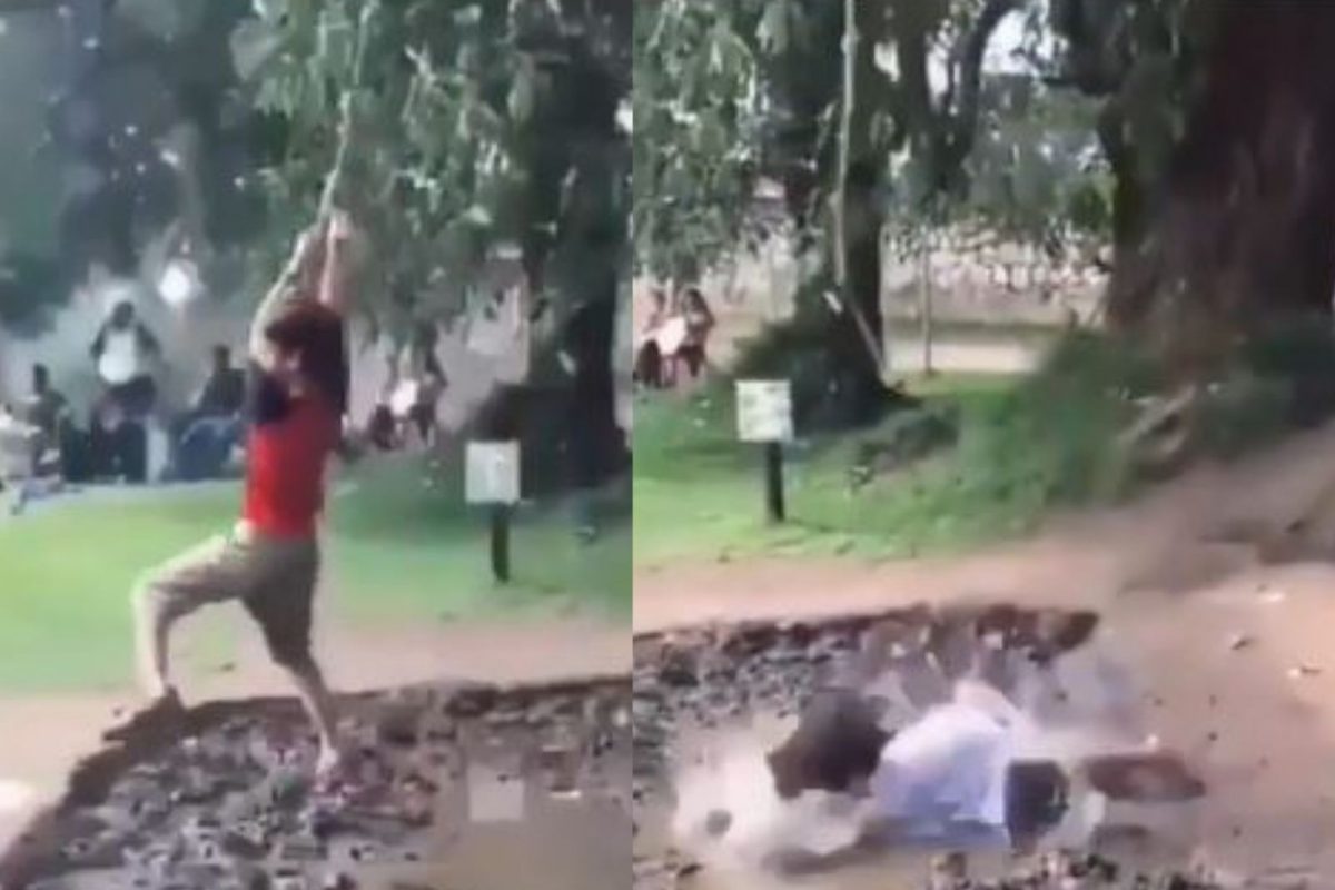 दोरीच्या सहाय्याने चिखलाने भरलेला खड्डा पार करायला गेली अन्...; मुलीची फजिती पाहून खळखळून हसाल, VIDEO