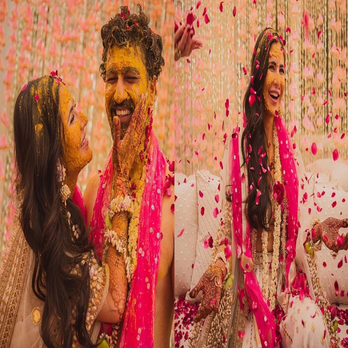 Katrina Kaif and Vicky Kaushal Haldi: कतरिना कैफ आणि विकी कौशल यांनी त्यांच्या लग्नाच्या फोटोंनंतर हळदीचे फोटो शेअर केले आहेत. दोघांनी इन्स्टाग्रामवर चार फोटो शेअर केले आहेत, ज्यामध्ये या नव्या नात्याची सुरुवात झाल्याबद्दल दोघांच्या चेहऱ्यावर आनंद स्पष्टपणे दिसत आहे. हळदीच्या रंगाने दोघेही प्रेमाच्या रंगात रंगलेले दिसतात. 