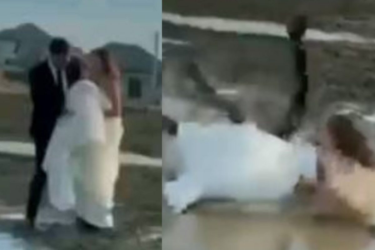 चिखलात फोटोशूट करायला निघालेले नवरी-नवरदेव; पाय घसरताच झाली भलतीच फजिती, Funny Video