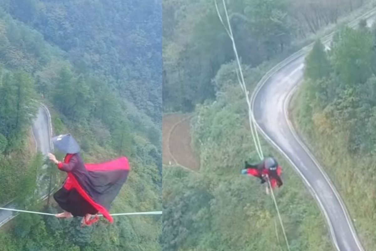 शेकडो फूट उंचावरील दोरीवर चालत होता व्यक्ती, इतक्यात तोल गेला अन्...; थरकाप उडवणारा Stunt Video