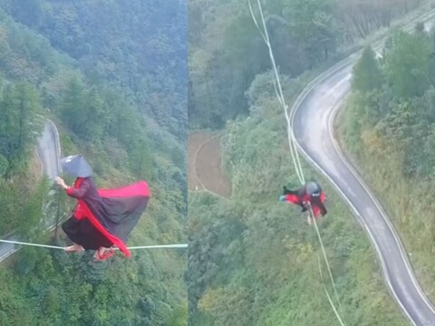 Stunt Video: व्हायरल होणाऱ्या व्हिडिओमध्ये एक व्यक्ती डोंगरावर अतिशय उंचावर बांधलेल्या दोरीवरून चालताना दिसतो. हे दृश्य पाहून कोणाचाही थरकाप उडेल.