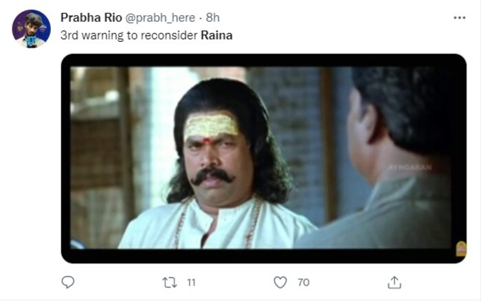 सीएसकेचा तिसरा पराभव म्हणजे रैनाच्या नावावर पुन्हा एकदा विचार करण्याची तिसरी वॉर्निंग असल्याचं मत एका फॅननं व्यक्त केलं आहे. 