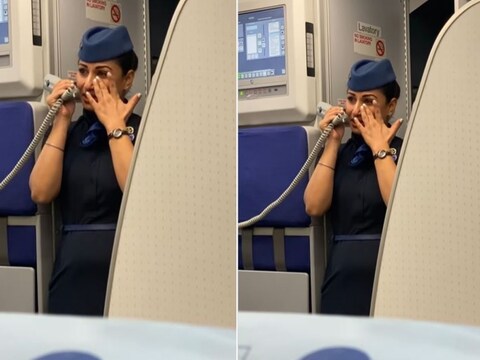 Air Hostess Emotional Video: इंडिगो फ्लाइट अटेंडंटचा एक व्हिडिओ इंटरनेटवर व्हायरल झाला आहे, ज्यामध्ये ती फ्लईटमध्ये उभा राहून इमोशनल फेअरवेल स्पीच देताना दिसते
