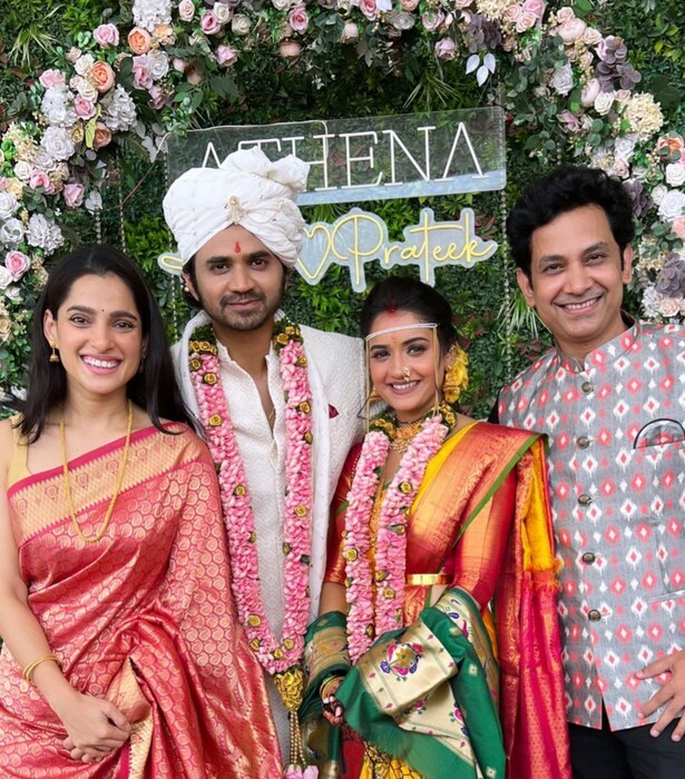यावेळी हृताने पिवळ्या रंगाची आणि लाल काठ असलेली कांचीपुरम साडीची निवड केली आहे. तर प्रतीकने व्हाईट शेरवानी परिधान केली आहे. 