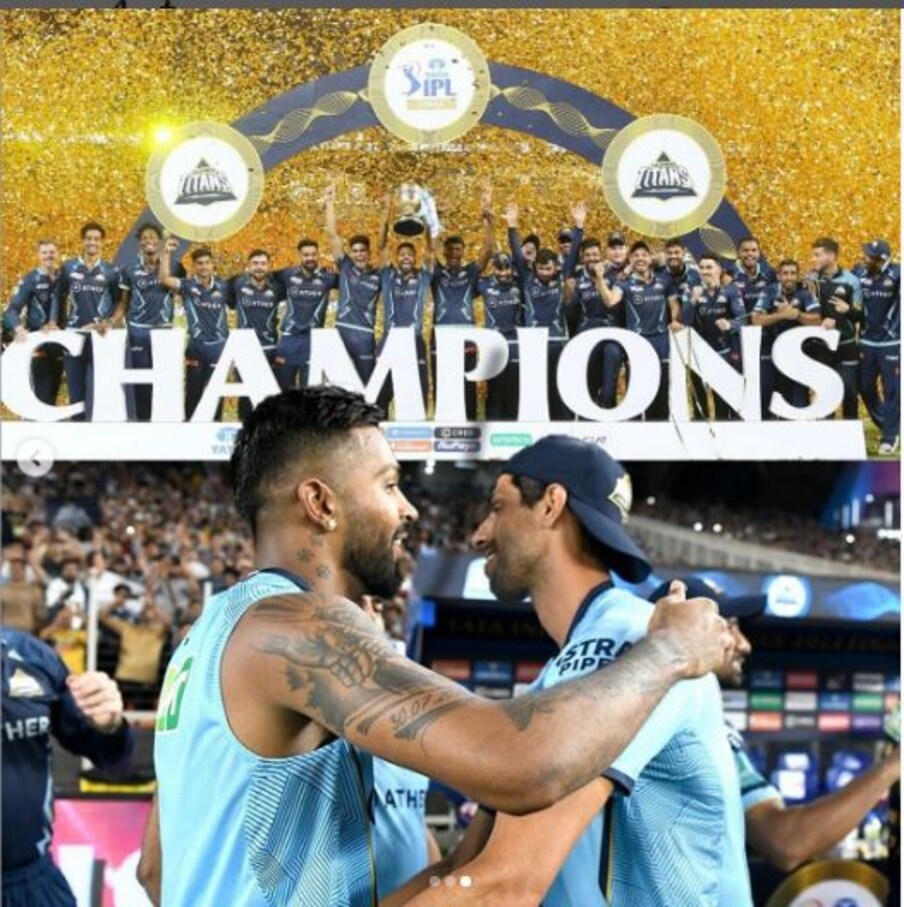 रुश्मा नेहराने तीन फोटो शेअर केले आहेत. दुसऱ्या फोटोत फक्त चमकणारी आयपीएल ट्रॉफी आहे. तर, तिसर्‍या फोटोत आशिष नेहरा आणि कर्णधार हार्दिक पंड्या मिठी मारत आहेत. (Photo - Instagram)