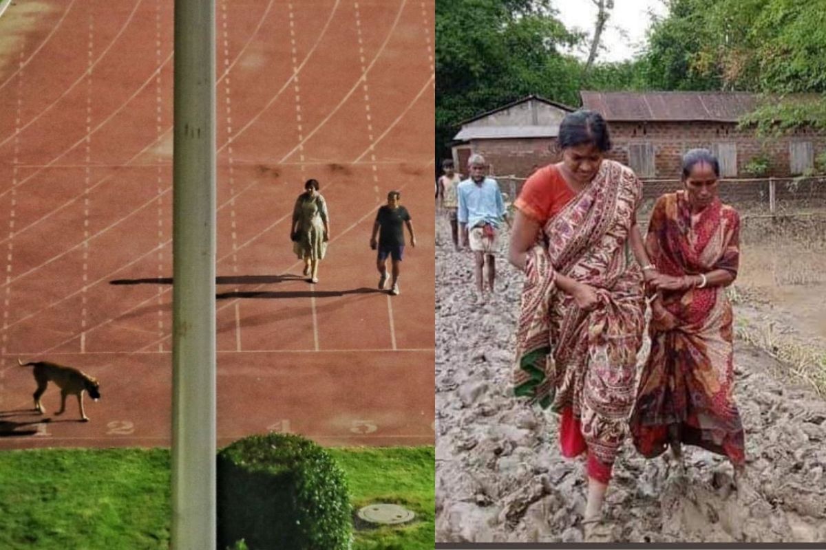 विरोधाभास! मैदानात कुत्र्याला फिरवणारा अधिकारी, दुसरीकडे महिला IAS चिखलातून अनवाणी पूरग्रस्तांच्या मदतीसाठी