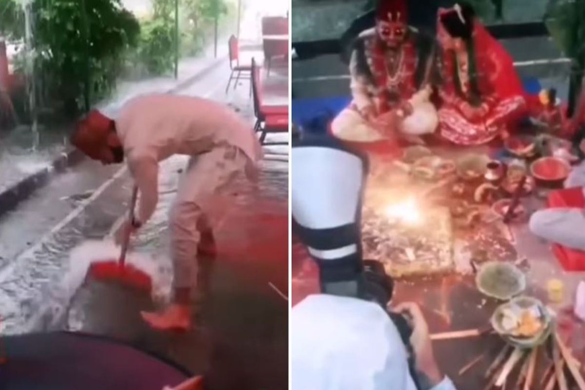 मुसळधार पावसामुळे संपूर्ण मंडप पाण्याने भरला; तरीही जागेवरुन उठले नाहीत नवरदेव-नवरी, अनोखा VIDEO