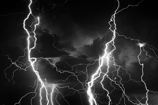 Thunder, lightnings and rain during summer storm at night.