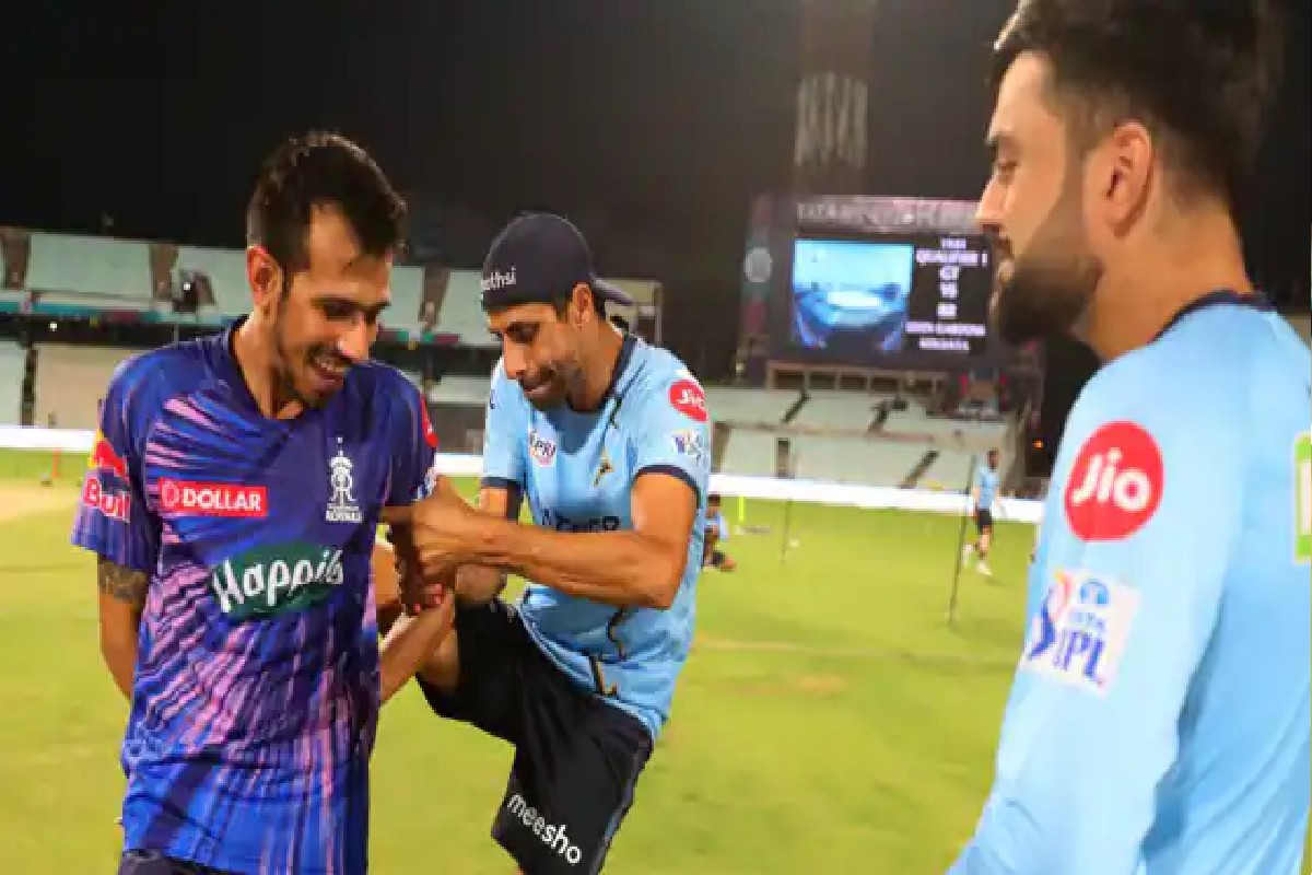 IPL 2022, GT vs RR : पहिल्या क्वालिफायरपूर्वी नेहरानं लगावली चहलला किक, पाहा Photo