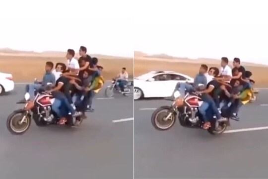 एका दुचाकीवर 10 जण करत होते प्रवास; अचानक पुढचं चाक हवेत उचललं अन्..., पाहा VIDEO