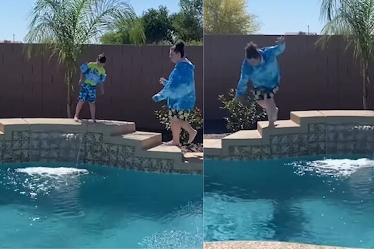 VIDEO: मुलाला पोहायला शिकवताना गेला तोल; अचानक पाण्यात कोसळली महिला, पुढे काय घडलं पाहा