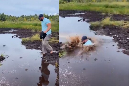 चप्पल वाचवण्याच्या नादात स्वतः चिखलाच्या दलदलीत अडकला व्यक्ती; क्षणात जमिनीत शिरला, Video