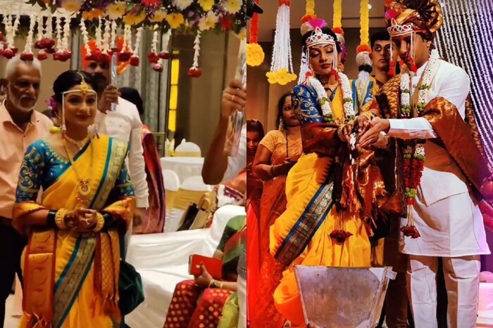 लग्न विधींसाठी अमृतानं खास पारंपरिक पिवळी नऊवारी साडी नेसली होती. 