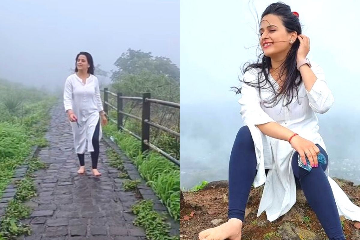 दाट धुके, काळे ढग, हिरवागार परिसर; प्राजक्ता गायकवाडनं अनवाणी फिरत केली गडाची सैर